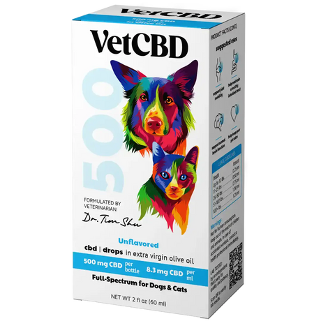 VETCBD Hemp Oil for Pets in packaging – A high-quality hemp oil bottle placed next to its sleek, eco-friendly packaging box, showcasing premium branding