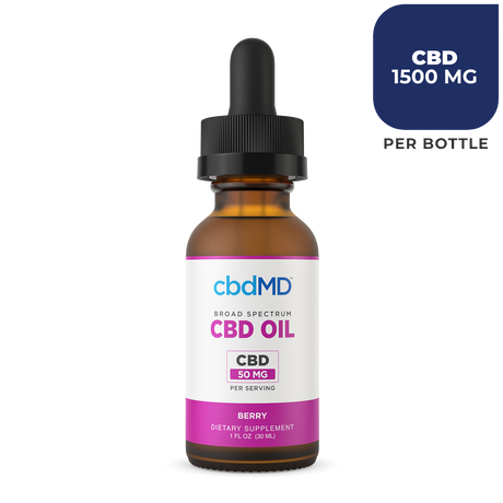 Close-up of CBDmd CBD Oil Tincture Berry - with label and dropper cap, showing the easy-to-use design of the product
