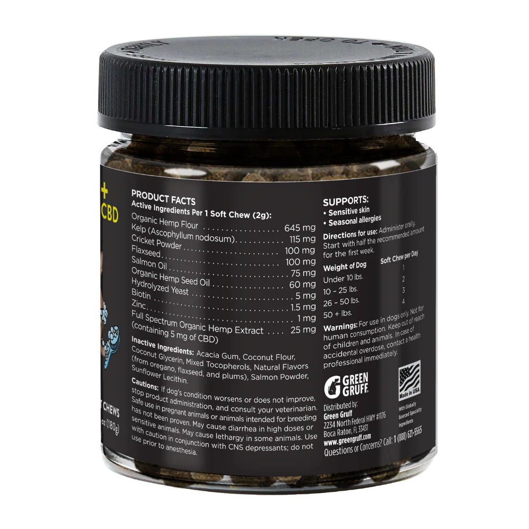 Green Gruff SOOTHE Skin & Coat CBD Chews for Dogs – 90 & 24 Count