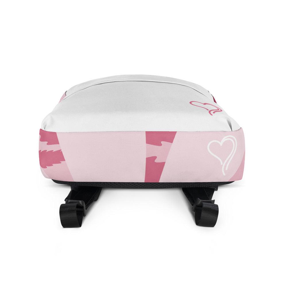 Green Bee Life White Backpack with Pink Heart and Hemp Leaf Design.