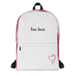 Green Bee Life White Backpack with Pink Heart and Hemp Leaf Design.