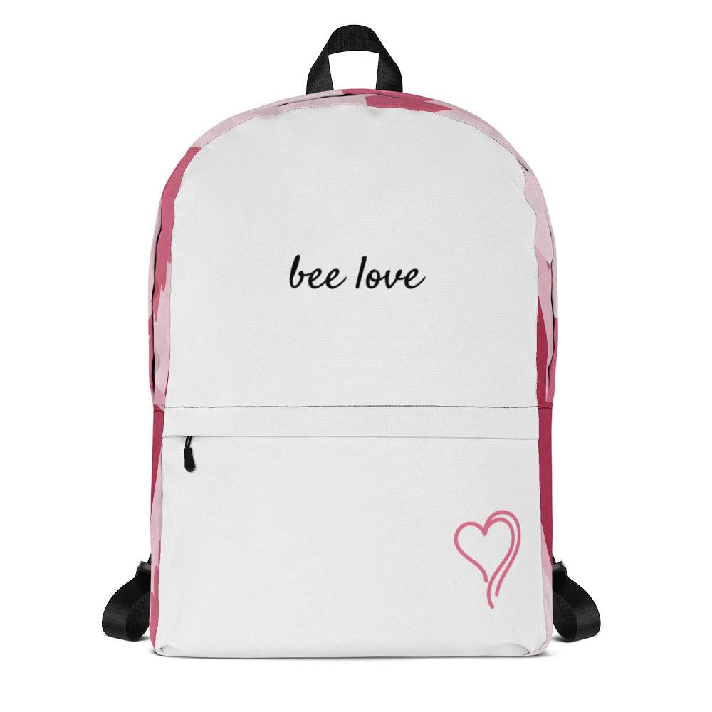 Green Bee Life White Backpack with Pink Heart and Hemp Leaf Design.