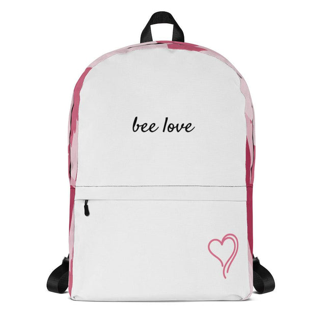 Green Bee Life White Backpack with Pink Heart and Hemp Leaf Design.