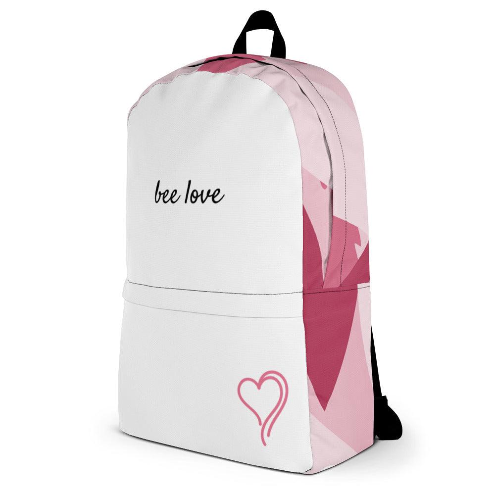Green Bee Life White Backpack with Pink Heart and Hemp Leaf Design.