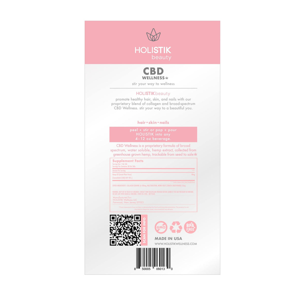 Premium ingredients of HOLISTIK CBD Drink Mix Beauty, featuring CBD and collagen for skin health and hydration