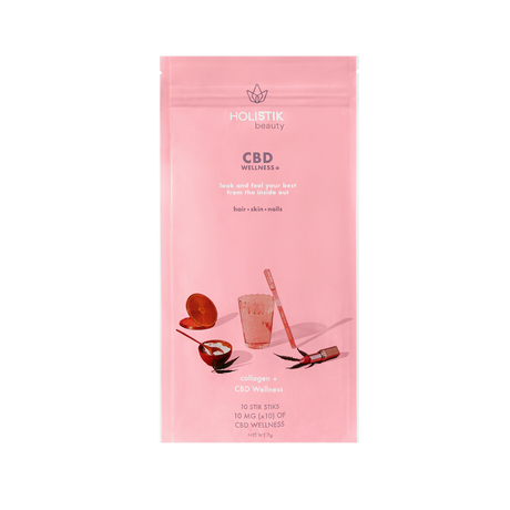 Close-up view of the HOLISTIK CBD Drink Mix Beauty packaging, showcasing its sleek and travel-friendly design