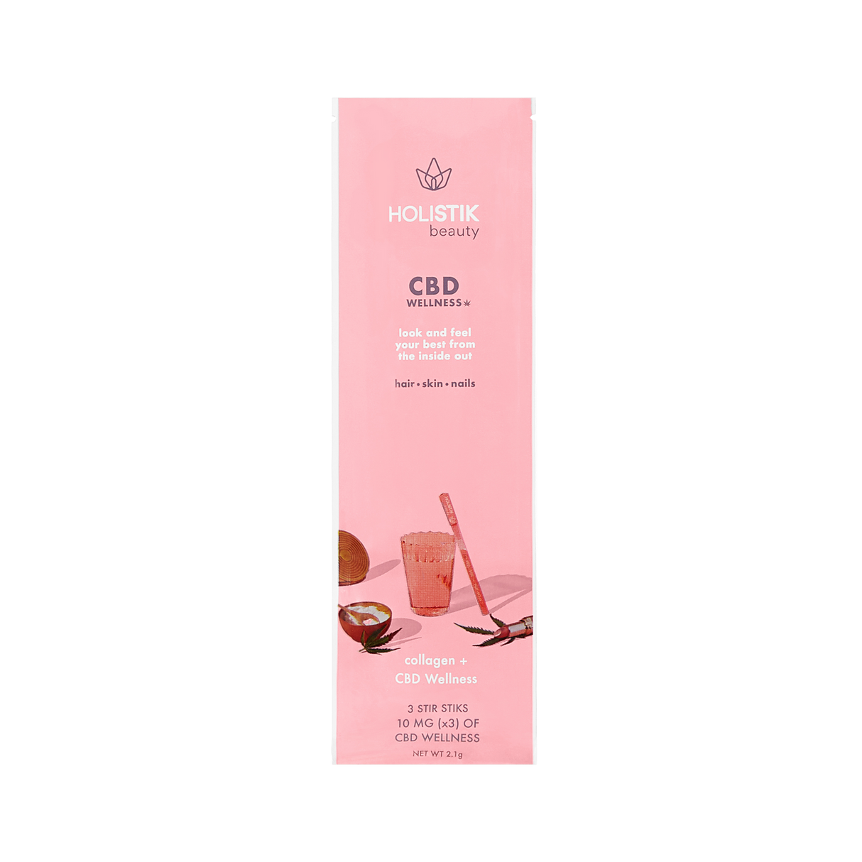 Holistik CBD Drink Mix Beauty product in eco-friendly packaging showcasing the blend of CBD and beauty-enhancing ingredients.