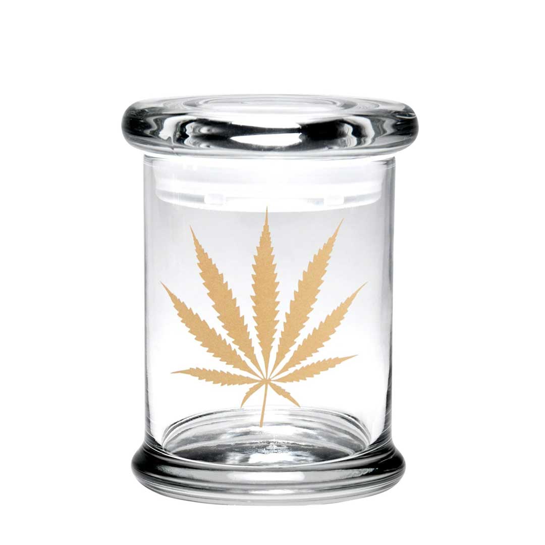 420 Science Glass Pop Top Storage Jar with Hemp Leaf Pattern in Gold