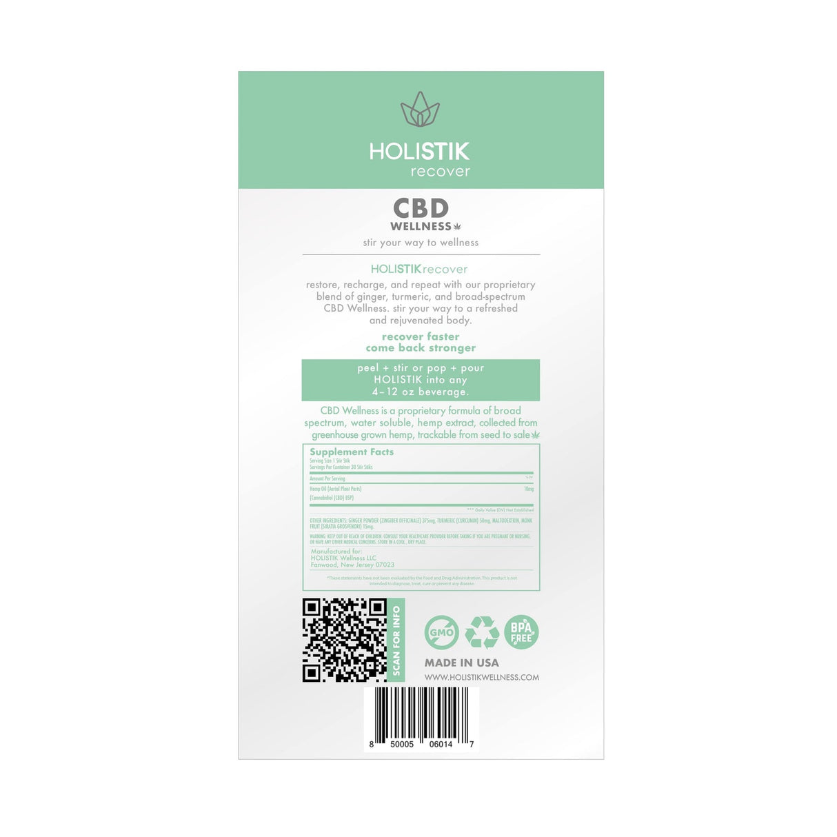 HOLISTIK Wellness CBD Drink Mix - Recover Stir STIK - 10mg