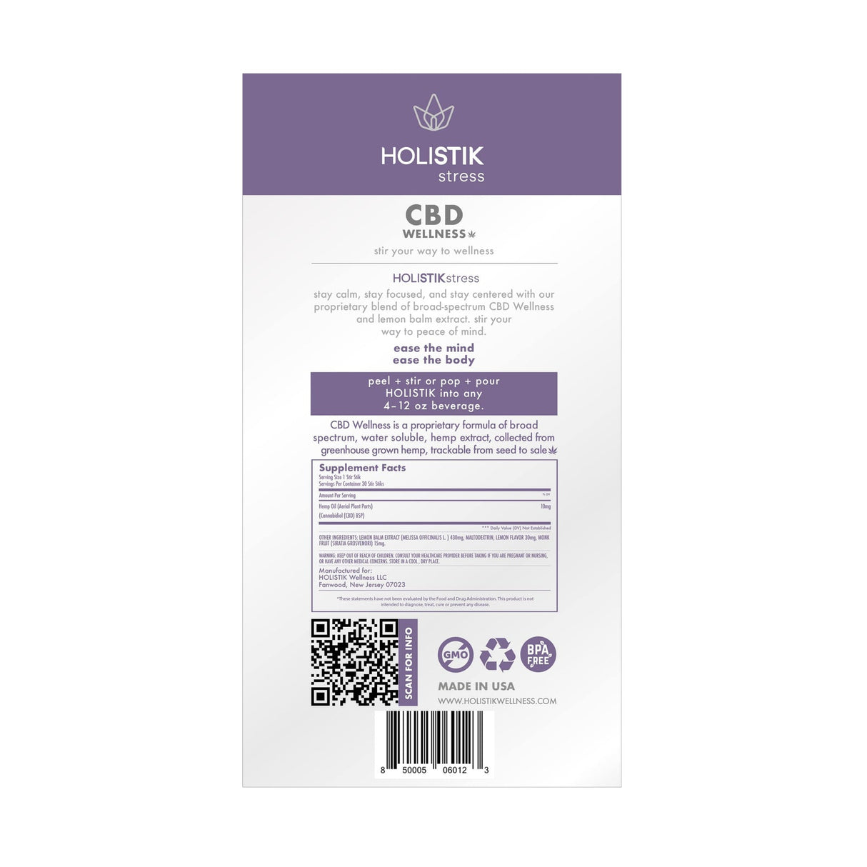 HOLISTIK Wellness CBD Drink Mix - Stress Stir STIK - 10mg