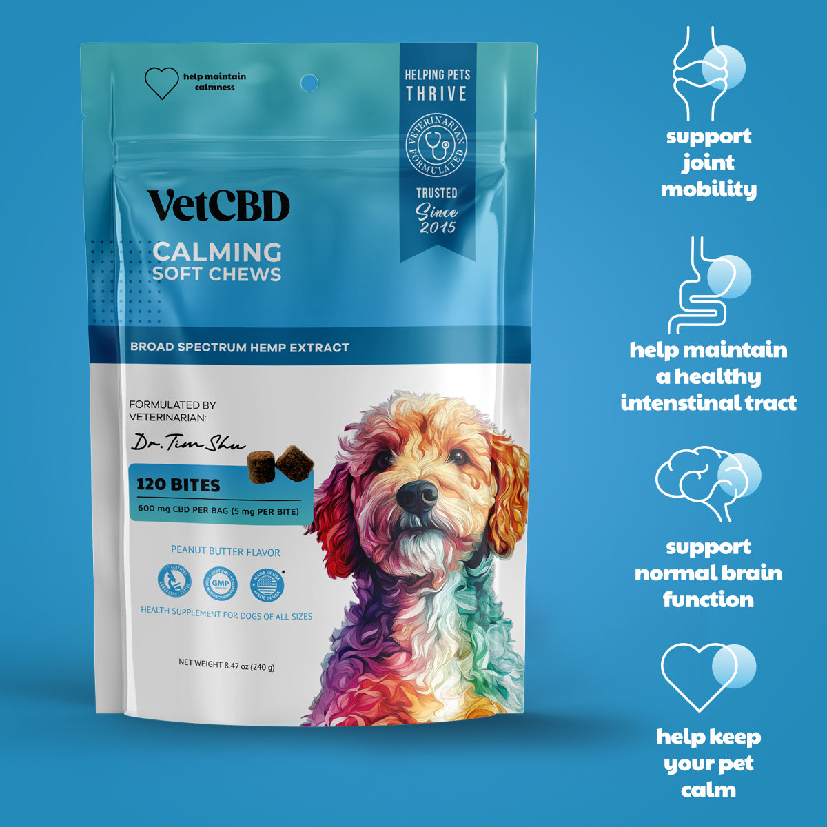 VetCBD Hemp Calming Soft Chews For Dogs - Peanut Butter | 5mg Per Treat (Broad Spectrum)