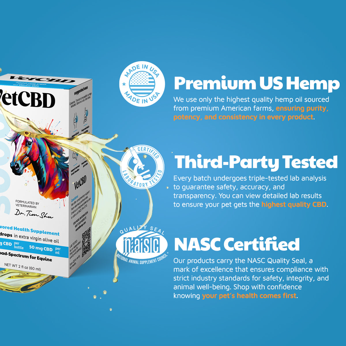 VetCBD Hemp Tincture for Equines - Broad Spectrum  | Unflavored | 3000 mg | 60 ml