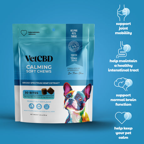 VetCBD Hemp Calming Soft Chews For Dogs - Peanut Butter | 5mg Per Treat (Broad Spectrum)
