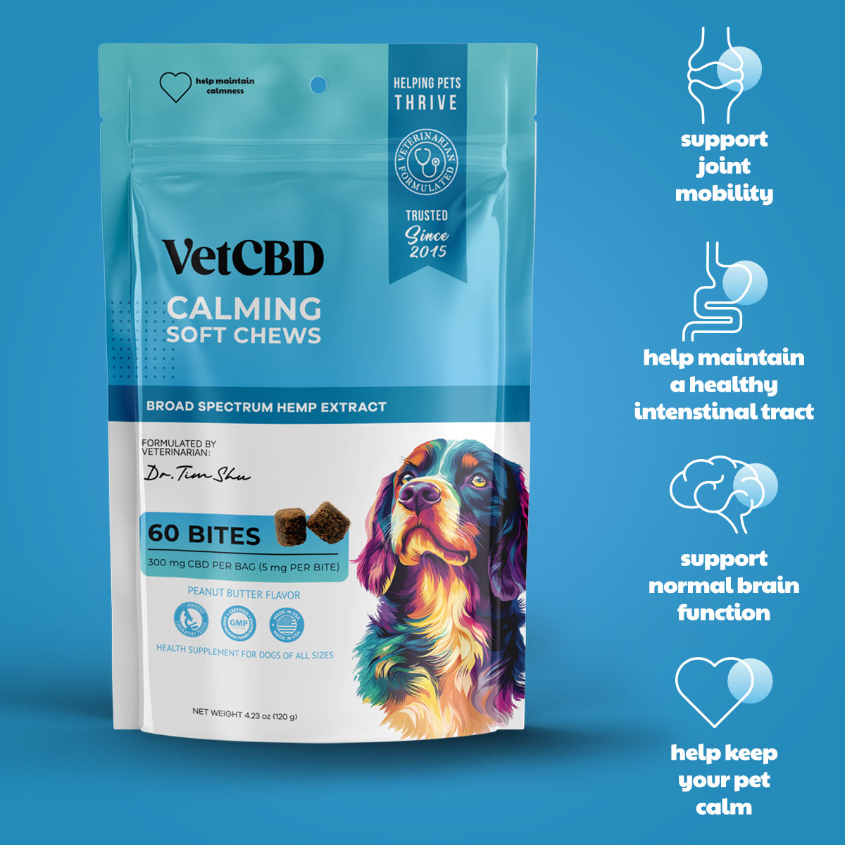 VetCBD Hemp Calming Soft Chews For Dogs - Peanut Butter | 5mg Per Treat (Broad Spectrum)
