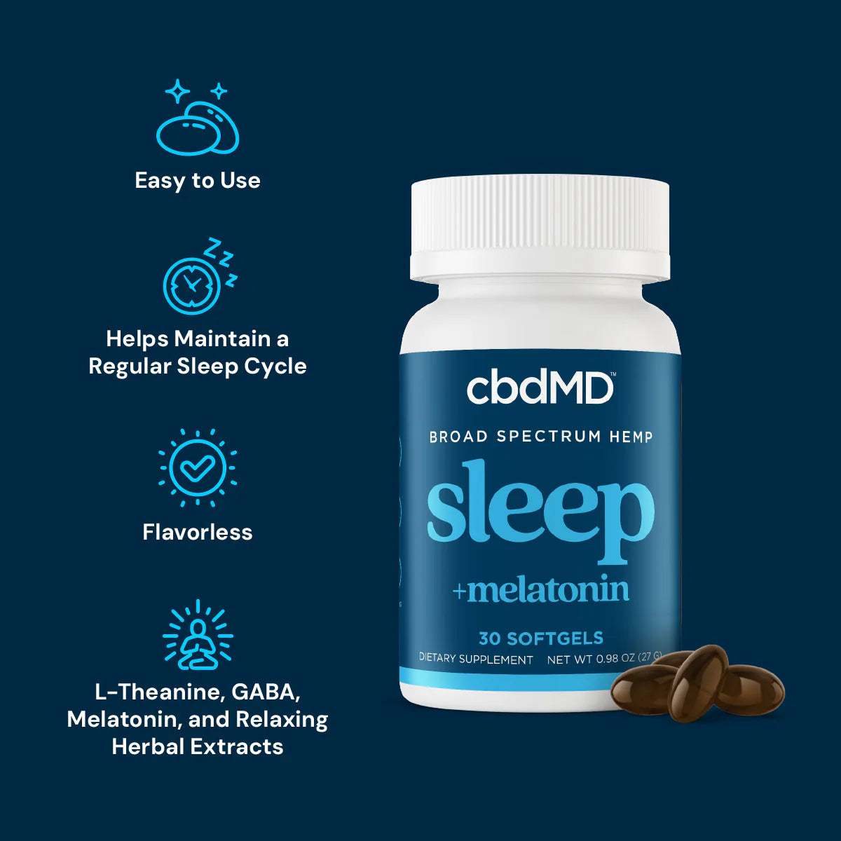 cbdMD Broad Spectrum CBD PM Softgel Capsules - 1500 mg (Per Bottle) | 30 Count
