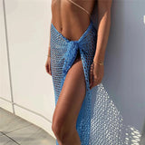 Crochet Woven Mesh Maxi Beach Skirt - Cover Up with Tie Front