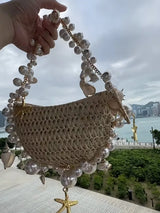 Mermaid Small Straw Beach Bag - Beaded with a Conch and Pearl Chain