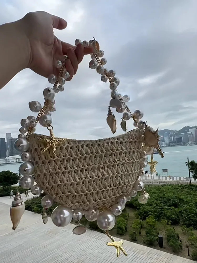 Mermaid Small Straw Beach Bag - Beaded with a Conch and Pearl Chain