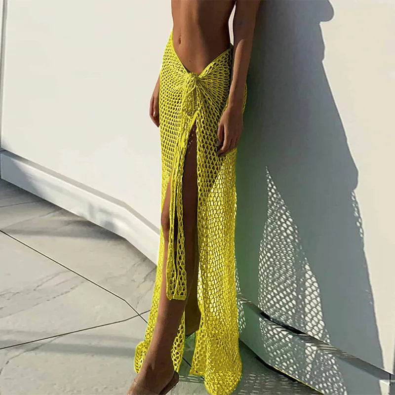 Crochet Woven Mesh Maxi Beach Skirt - Cover Up with Tie Front