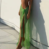 Crochet Woven Mesh Maxi Beach Skirt - Cover Up with Tie Front