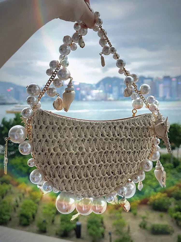 Mermaid Small Straw Beach Bag - Beaded with a Conch and Pearl Chain