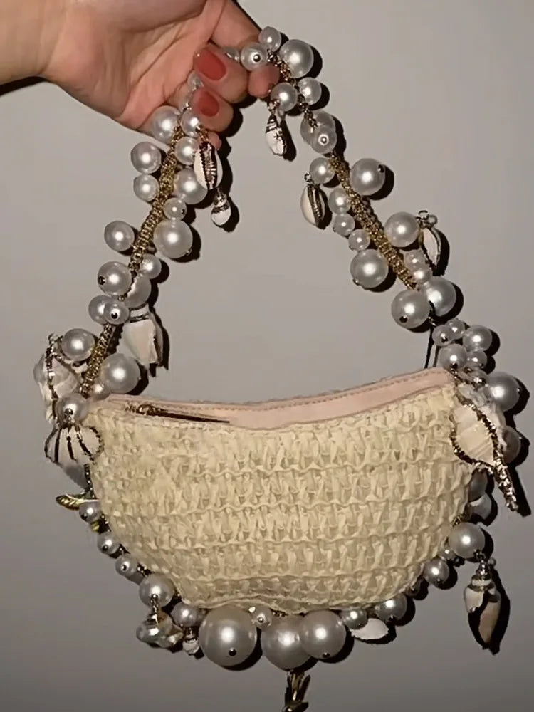 Mermaid Small Straw Beach Bag - Beaded with a Conch and Pearl Chain