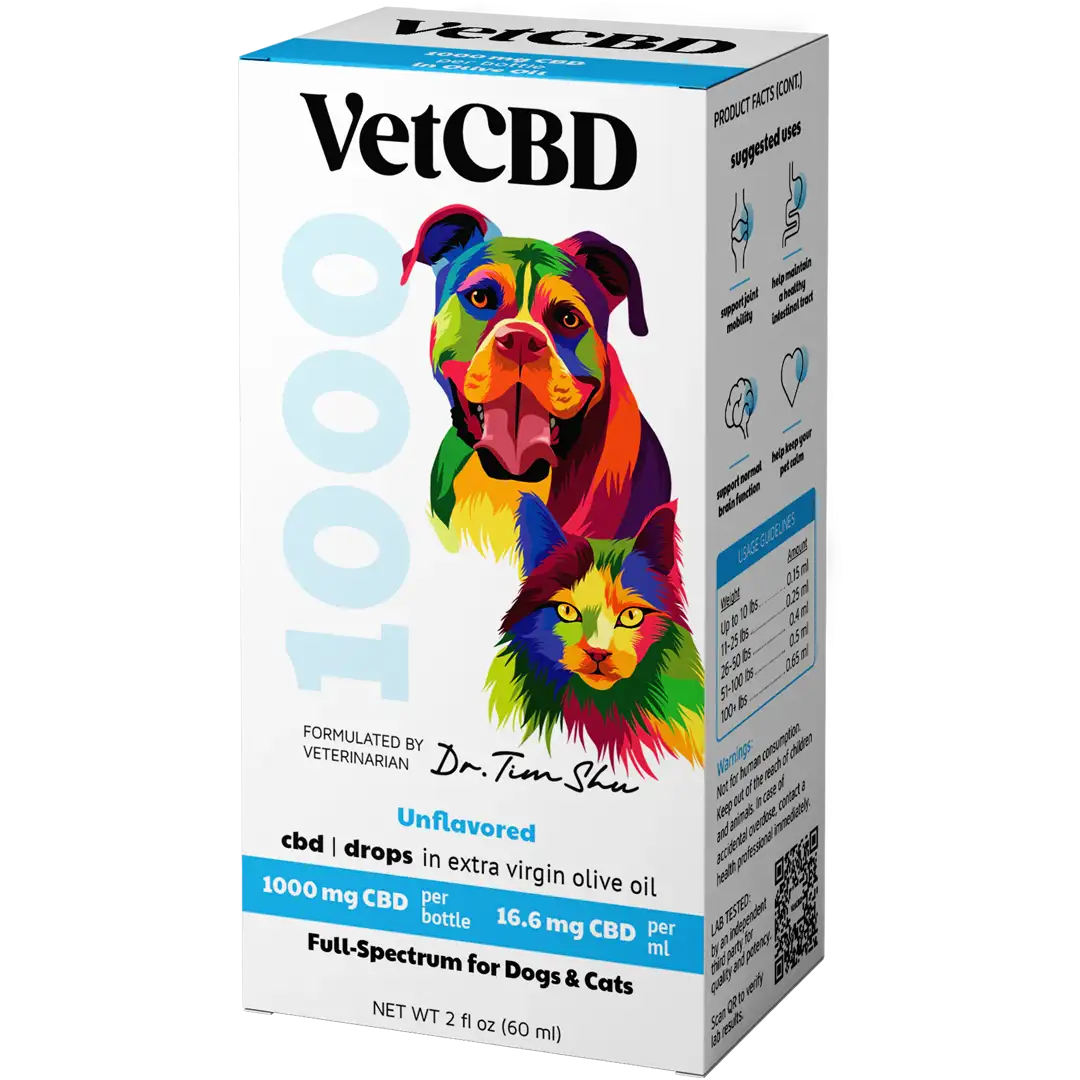 VETCBD Hemp Oil bottle with packaging detail – Close-up view highlighting the informative label and benefits displayed on the packaging