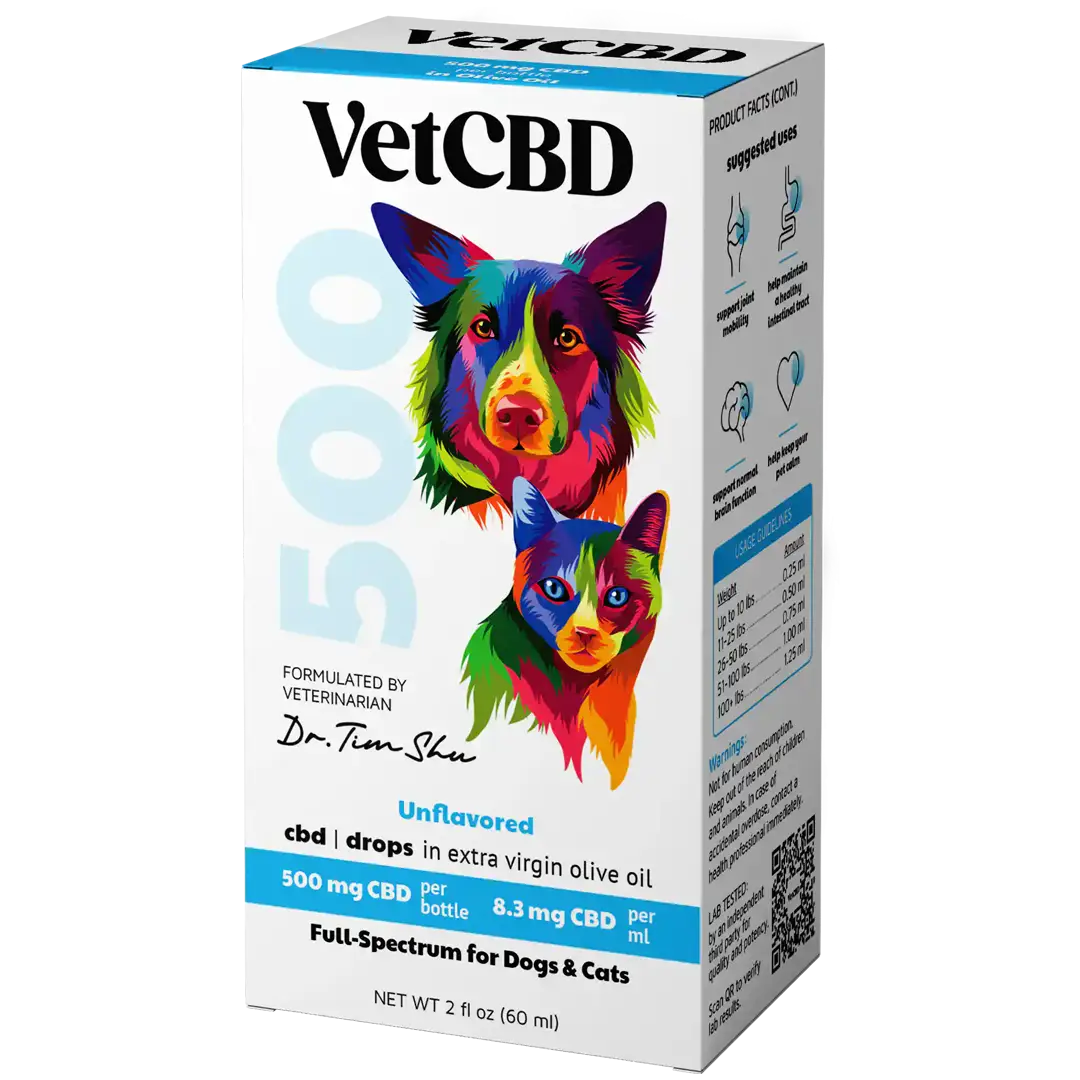 VETCBD Hemp Oil for Pets in packaging – A high-quality hemp oil bottle placed next to its sleek, eco-friendly packaging box, showcasing premium branding