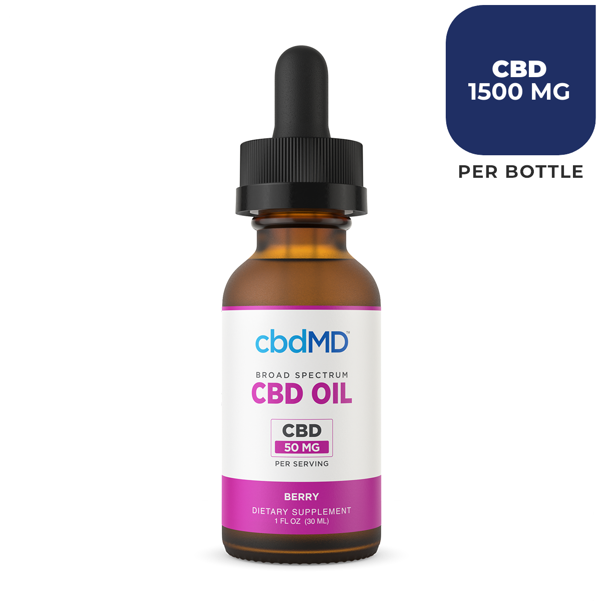 Close-up of CBDmd CBD Oil Tincture Berry - with label and dropper cap, showing the easy-to-use design of the product