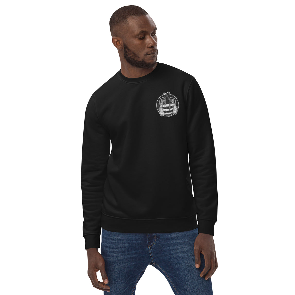 Eco Friendly Relaxed Fit Crew Neck Sweatshirt with Embroidered Hive Bee Emblem - Unisex