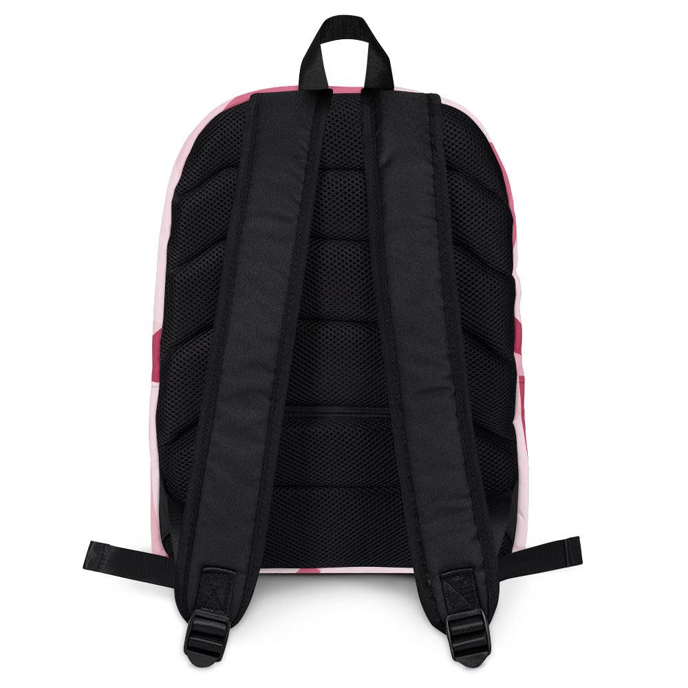 Green Bee Life White Backpack with Pink Heart and Hemp Leaf Design.