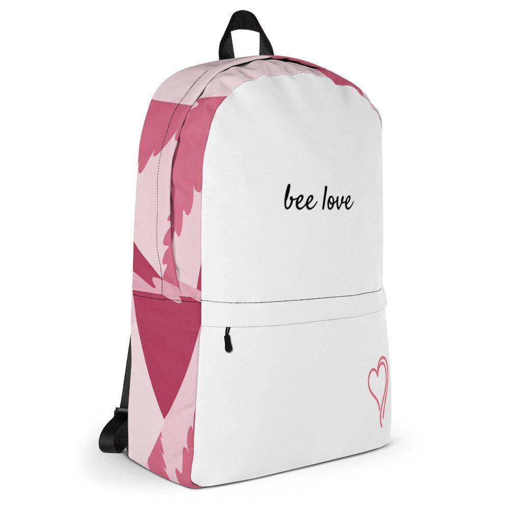 Green Bee Life White Backpack with Pink Heart and Hemp Leaf Design.
