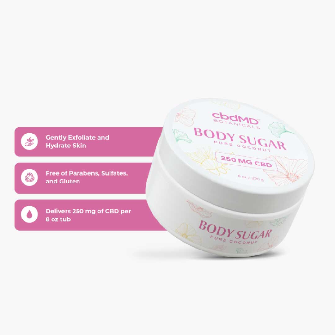 Angled shot of CBDmd Botanicals CBD Body Sugar Scrub, showcasing the product's elegant and attractive packaging