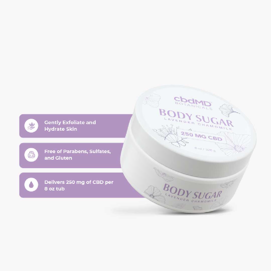 Close-up of the CBDmd Botanicals CBD Body Sugar Scrub label, showing detailed product information and branding