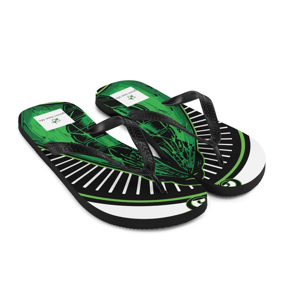Green Bee Life Flip-Flop Sandals with Our Signature Hive Bee All Over Print with White Top.