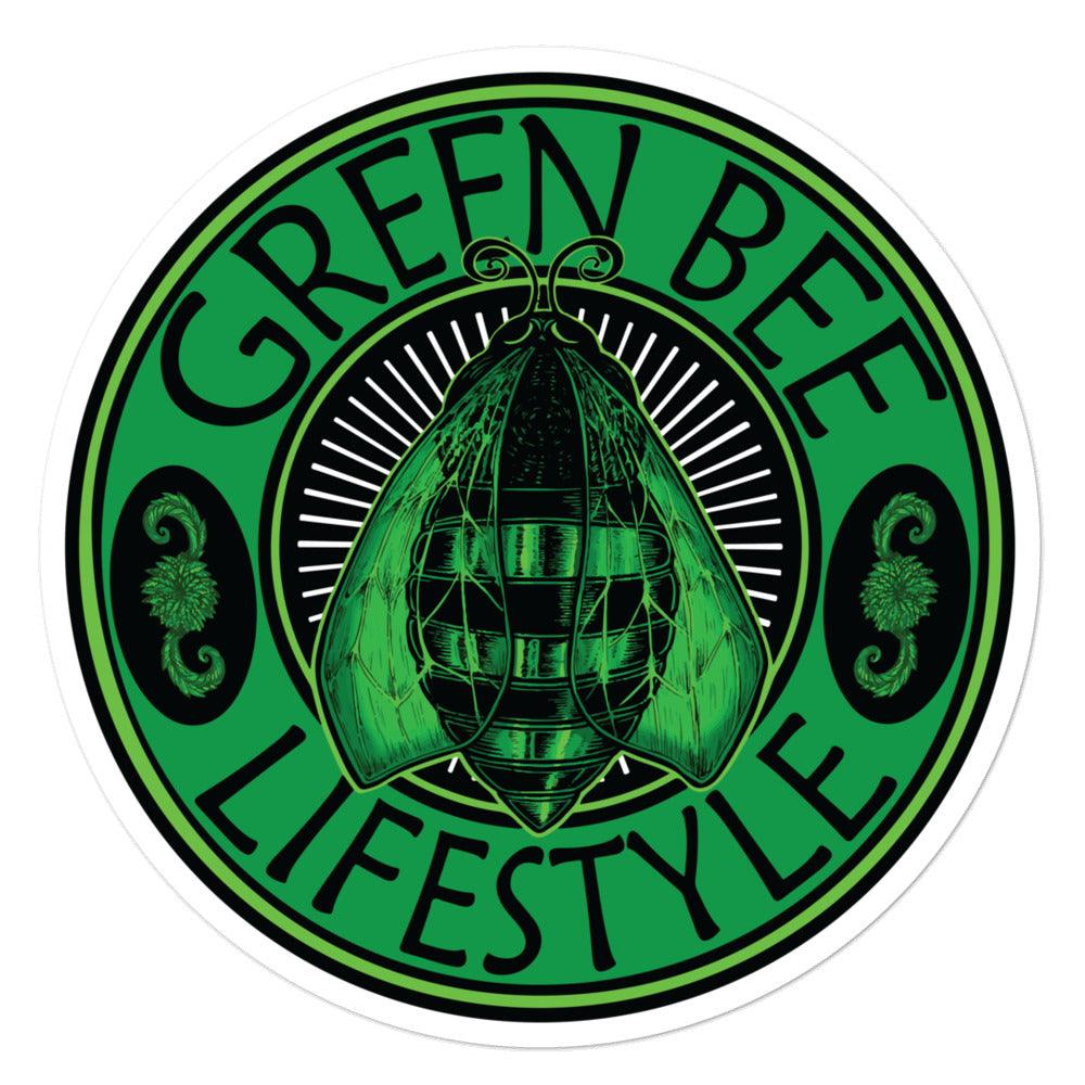 Green Bee Lifestyle Bubble-Free Stickers with Original Art Bee and Hemp Flower Bud.