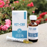 VETCBD Hemp Oil with packaging in natural light – The product and packaging positioned in a well-lit setting, emphasizing the natural ingredients and organic appeal