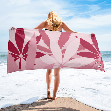 Beach and Pool Towel - Terry - Pink Floral Hemp Leave Print on One Side