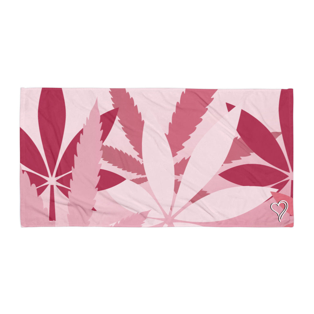 Beach and Pool Towel - Terry - Pink Floral Hemp Leave Print on One Side